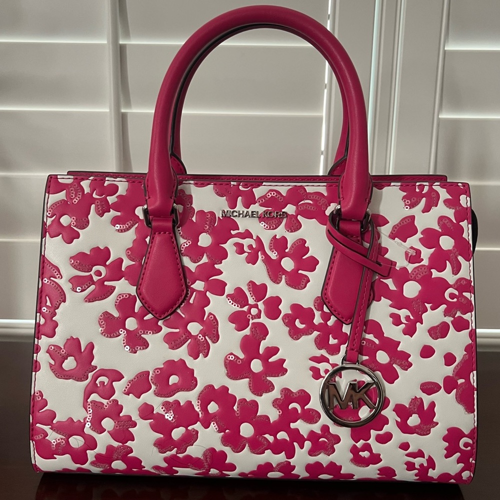 Michael Kors Sheila Medium Floral Sequined Satchel in Dragonfruit Pink! NWT.